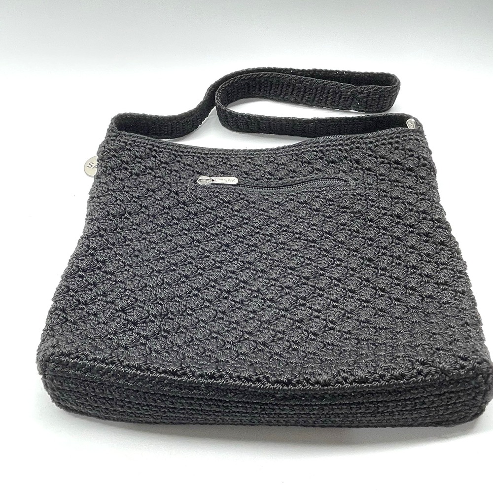 The Sak Black‎ Crochet Knit Zip Lined Shoulder Handbag Purse Hobo Hippie Chic